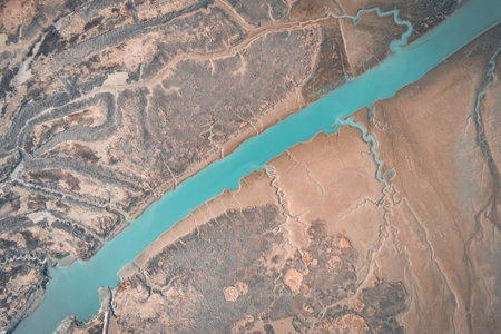 Aerial view of Tongzhou Bay tidal flat in Nantong, Jiangsu, Chinaの写真素材