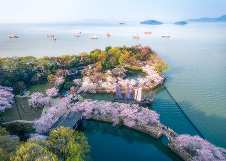 Hangzhou West Lake scenery with cherry blossoms in spring.の写真素材