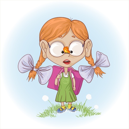 a ginger girl on the way in school saw a butterfly. のイラスト素材