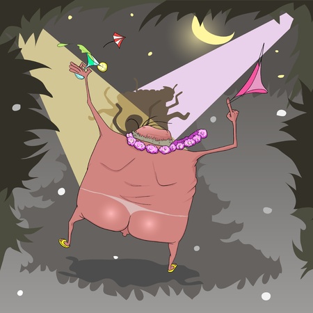 Fat guy dancing with wreaths Hawaiian martini glass in hand, and waving her melt on a beach party のイラスト素材