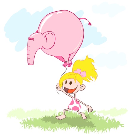little girl with a pink elephant instead of the ball. illustration.のイラスト素材