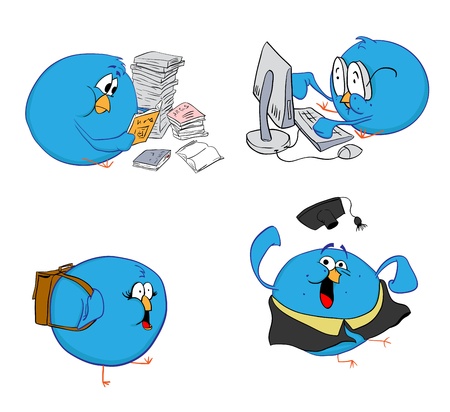 four blue birds do their studies. all birds are implemented as separate images. can be used as promotion of social networks or logo tweeter. illustration isolated.のイラスト素材