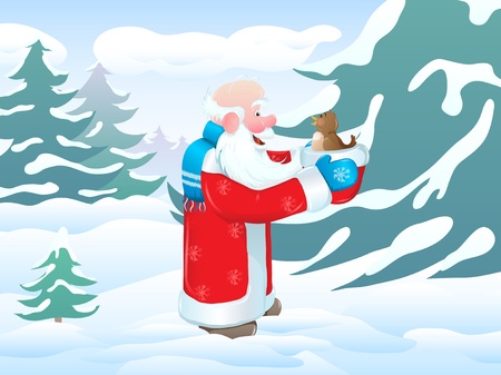 Santa Claus holding a hat and a  bird, talking to her.のイラスト素材