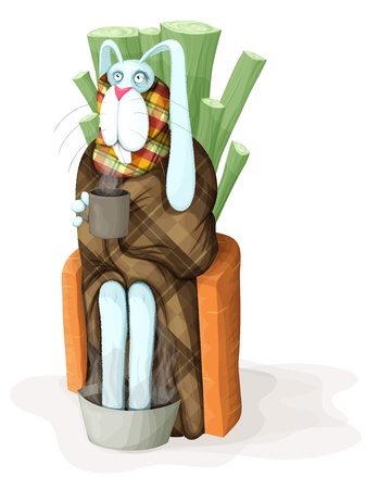Sick rabbit sitting on a chair with a cup in his hand. Rabbit feet warm. Wrapped in a blanket.のイラスト素材
