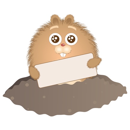 Little groundhog peeps out of his hole with a sign in his hands. Vector illustration.のイラスト素材
