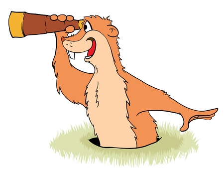 Groundhog Day. Groundhog peeps out from its hole with a telescope in its claws. Vector illustration.のイラスト素材