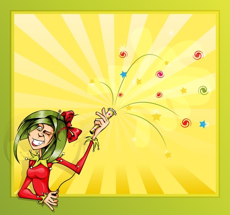 Invitation card with the clown girl and firecrackers のイラスト素材