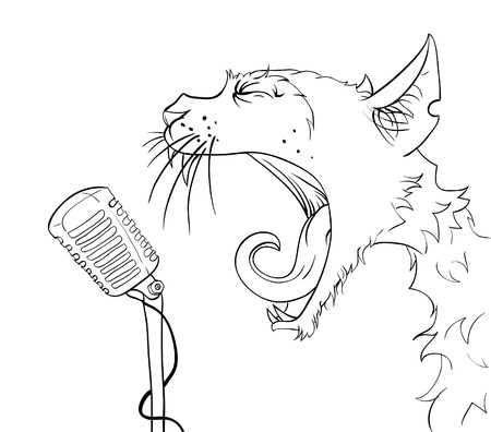 Cat yells into the microphone. Vector illustration.のイラスト素材