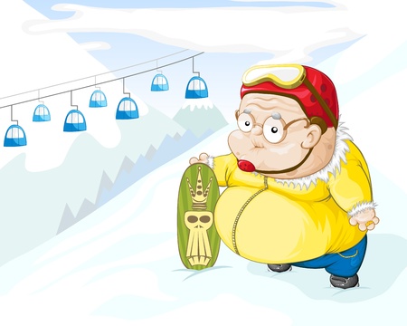 Grandfather is a snowboarder on the hill ready to race. Funny vector drawing.のイラスト素材