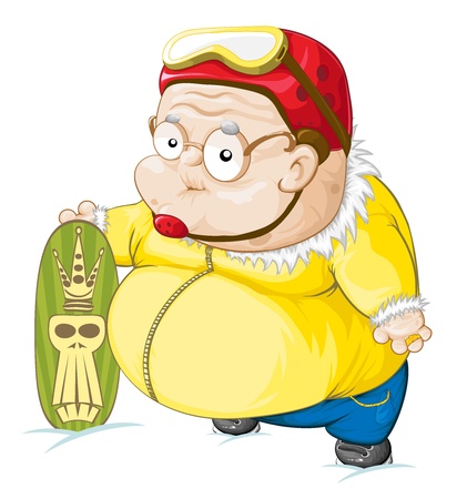 Grandfather is a snowboarder on the hill ready to race. Funny vector drawing.のイラスト素材