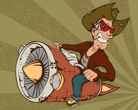 Biker-cowboy on a motorcycle turbo rocket. The background vector imageのイラスト素材