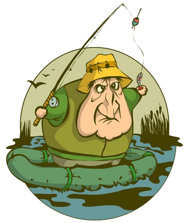 A fisherman on the boat caught a small fish in the river.のイラスト素材
