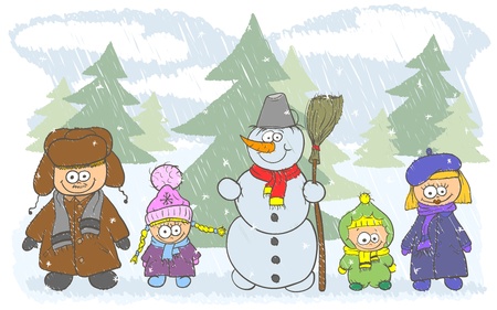 Happy family on winter holidays are a beautiful snowmanのイラスト素材
