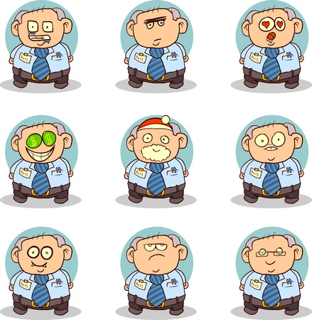 Set of 9 pictures of the old office worker. Can be used as a Smilie Pack.のイラスト素材