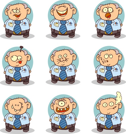 Set of 9 pictures of the old office worker. Can be used as a Smilie Pack.のイラスト素材