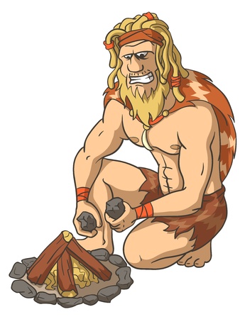 Primitive man kindles a fire. Extraction of fire. The isolated illustration.のイラスト素材