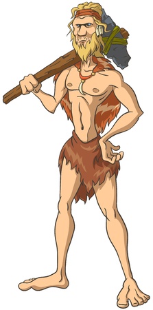 Primitive man stands with an ax on his shoulder. The isolated illustration.のイラスト素材