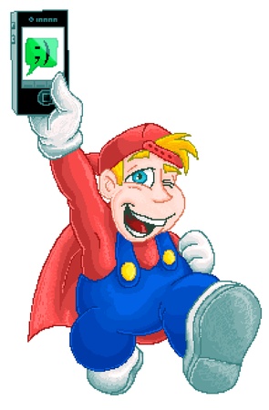 The kid shows smartphone and winks. Illustration done in the style of pixel art.の写真素材
