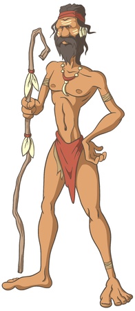 Strong Tribal Man stands with a spear in his hand. Isolated picture.のイラスト素材