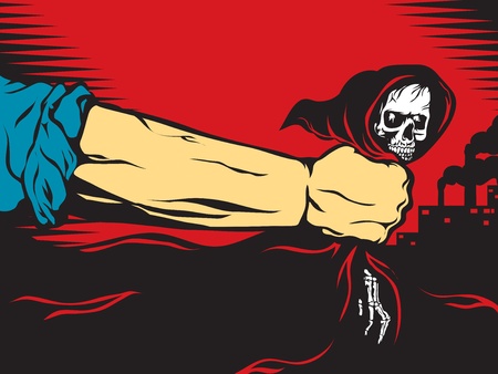 Working hand grasps death in his fist. Illustration done in retro style of the poster.のイラスト素材