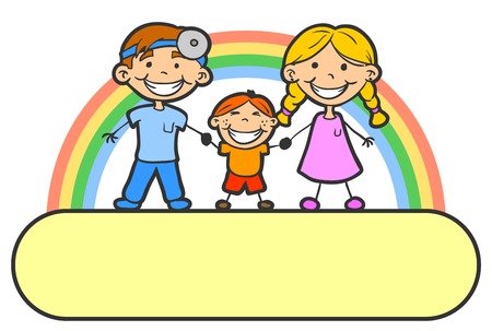 Dentist baby and mother are holding hands. There is space for text.のイラスト素材