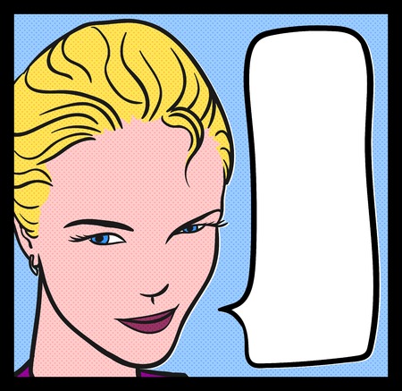 Pop Illustration of a Happy Girl. Vintage blond woman and thought bubble.のイラスト素材