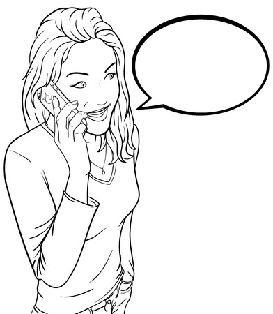 Illustration of young girl  to speak on the phone. Black and white comics girl speaks by phone.のイラスト素材