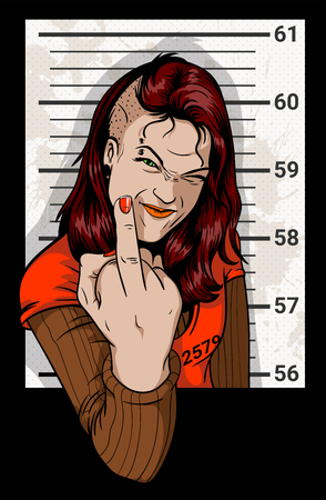 Girl photographed for a criminal case. Anarchist woman detained by police. Resisting arrest. Girl showing middle finger.のイラスト素材