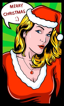 Beautiful sexy girl wishing Merry Christmas. Selfe girls for the new year. The text is written by hand. Stock Illustration of a girl in front of Merry Christmas Text.のイラスト素材