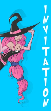 Invitation Sexy Witch. Witch peeks out from behind the wallのイラスト素材