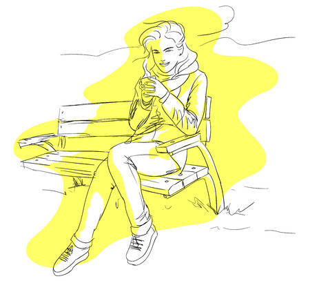 Girl Drinking  Coffee Or Tea. Hand drawn pencil sketch with the girl.のイラスト素材