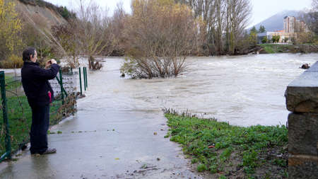 flood in the city of Pamplona, ââwater flows on the roads December 12, 2021の写真素材