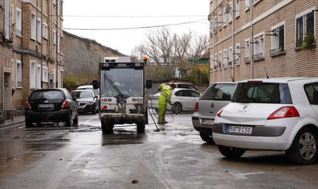 sweeper washing the streets Pamplona on December 11, 2021のeditorial素材