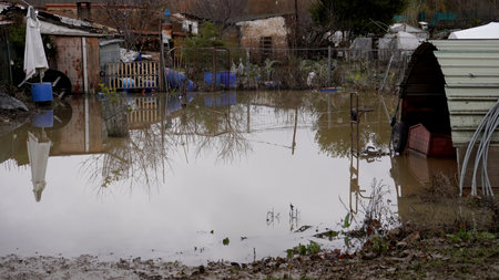 flood in the city of Pamplona, ââwater flooded the courtyard of a residential building on December 12, 2021のeditorial素材