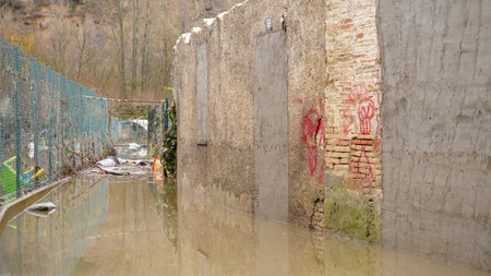 flood in the city of Pamplona, ââwater flows on the roads December 12, 2021のeditorial素材