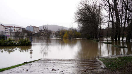 flood, the river flooded the city park. landscape city in waterの写真素材