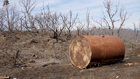 rusty barrel against the background of burnt treesの写真素材
