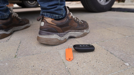 A van key lying on the asphalt next to a humanの写真素材