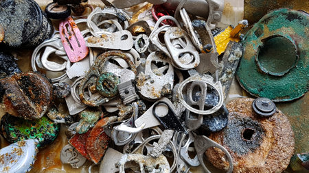 rusty beer lids collected on the seashore after a storm