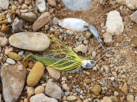 fishing tackle lies at the bottom of a dry lakeの写真素材