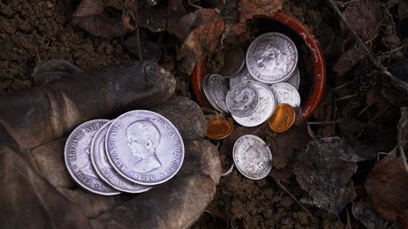 a treasure trove of ancient, gold and silver coins found in the forestの写真素材
