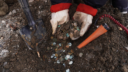 a treasure trove of coins found on the riverbank, hands pulling out treasure trove coinsの写真素材