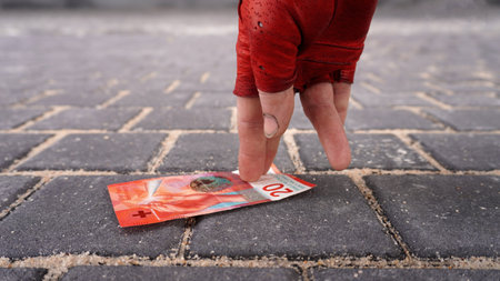 a hand in a red glove raises a bill of twenty francs. Switzerlandの写真素材