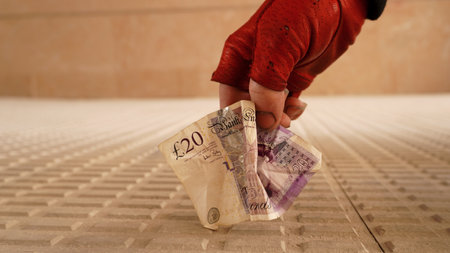 a hand in a red glove lifts twenty pounds sterling from the groundの写真素材