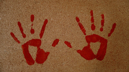 Handprints of red, bloody color, on a cork boardの写真素材