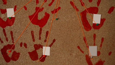 Handprints of red, bloody color, on a cork board. An orange thread is drawn to each of the prints,...