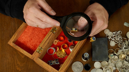 the jeweler, through magnifying glass, examines a ring with a diamond, against the background of a brown table on which precious things lie: rings, pendants, coins made of gold anの写真素材