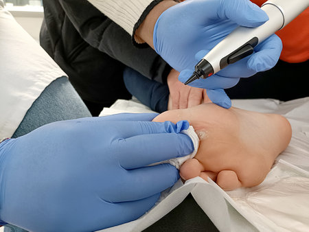 burning out a wart on the leg with liquid nitrogenの写真素材