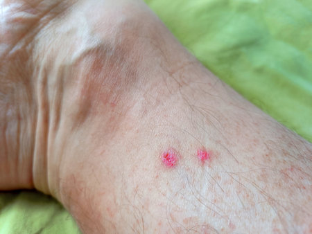 part of a leg with traces of insect bites, on a green backgroundの写真素材