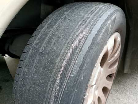 a vehicle wheel with a very wornの写真素材